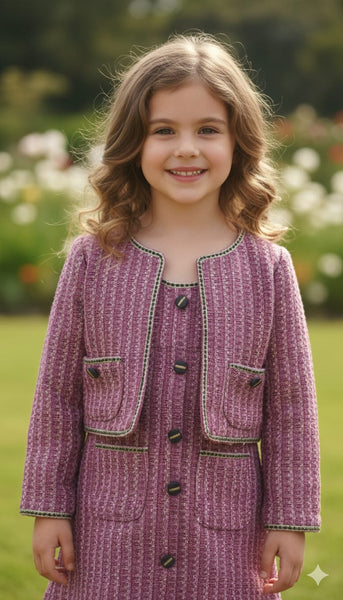 Elegant Pink Tweed Co-Ord Set Cropped Jacket & Sleeveless Dress For Kidss