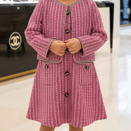 Elegant Pink Tweed Co-Ord Set Cropped Jacket & Sleeveless Dress For Kidss