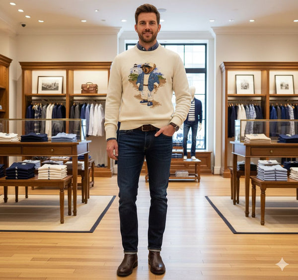 Classic Cream Knit Sweater with Teddy Bear Print