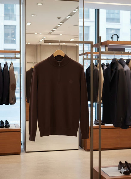 Premium Brand Brown y Half-Zip Knit Pullover