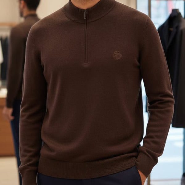 Premium Brand Brown y Half-Zip Knit Pullover