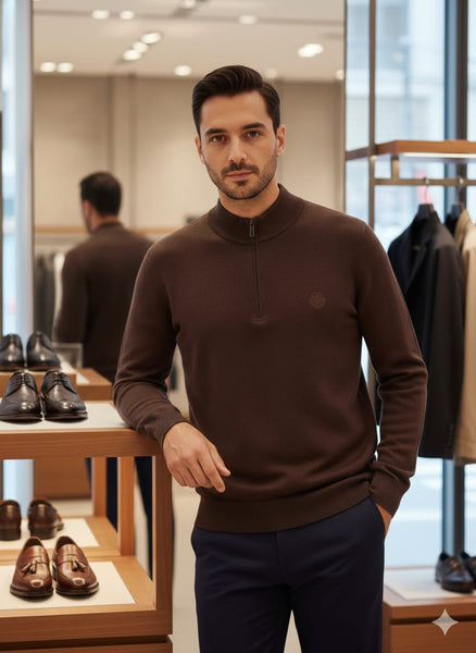 Premium Brand Brown y Half-Zip Knit Pullover