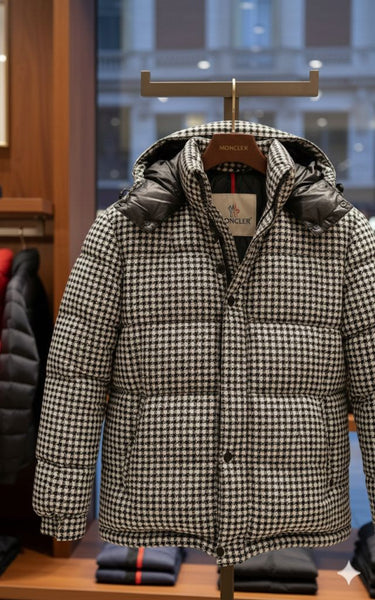 Premium Houndstooth Puffer Jacket with Hood –