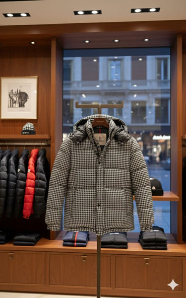 Premium Houndstooth Puffer Jacket with Hood –