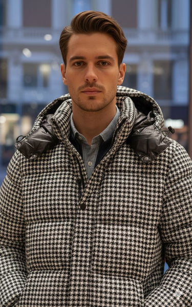 Premium Houndstooth Puffer Jacket with Hood –