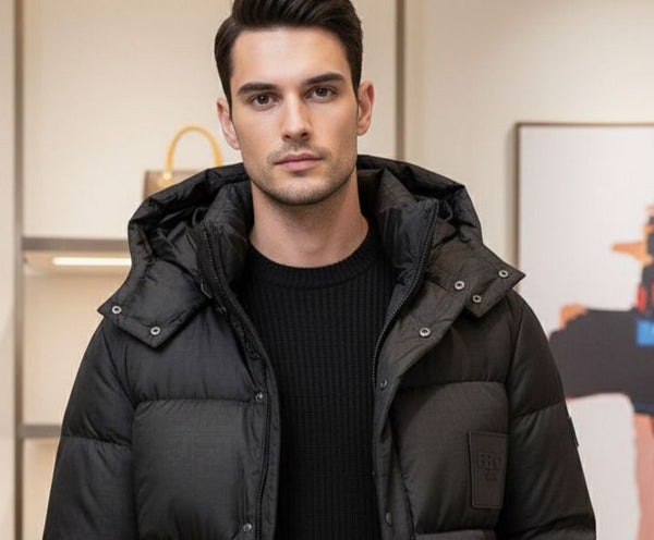 Men’s Black Puffer Jacket with Hood Luxury Warmth & Style