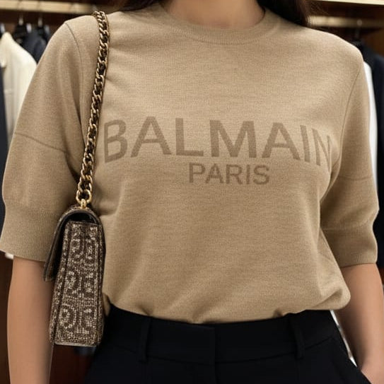Men’s Beige Logo Knit T-Shirt  Luxury Minimal Style