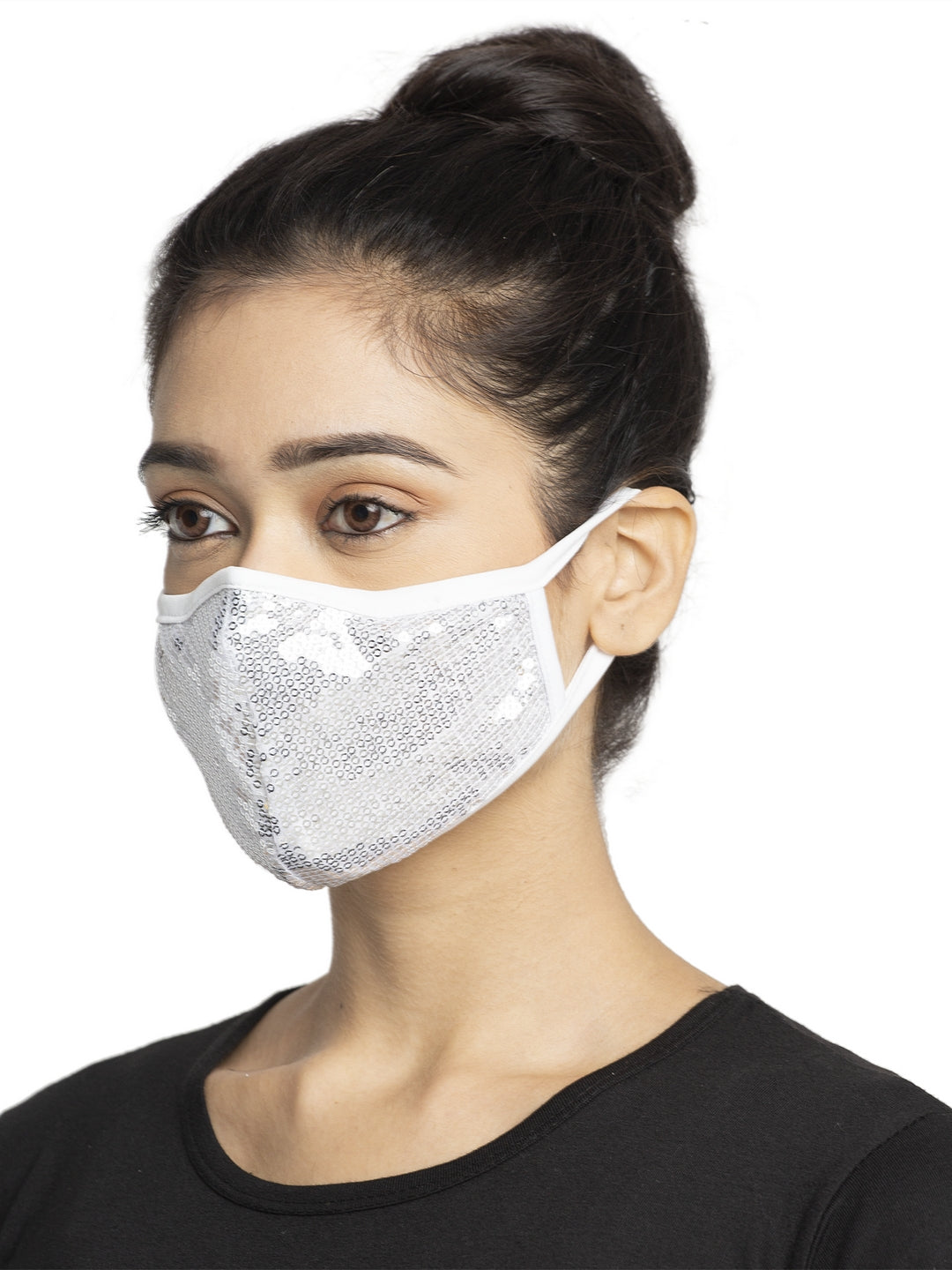 Women White Embellished Sparkling Glitter Sequin Women Fashion Reusable Face Mask