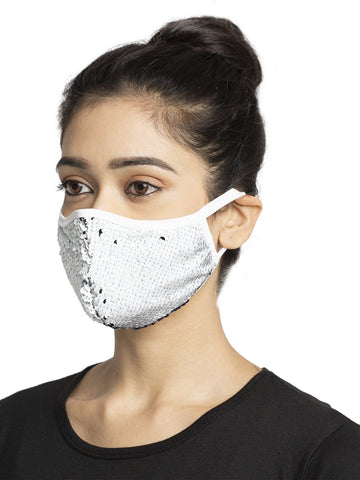White Embellished Sparkling Glitter Sequin Women Fashion Reusable Face Mask