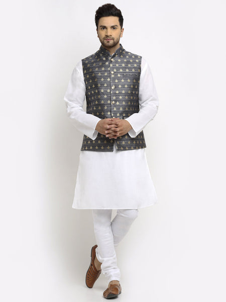 New Designer Men Dark Grey and Golden Brocade Nehru Jacket With Golden Work By Luxury at Less