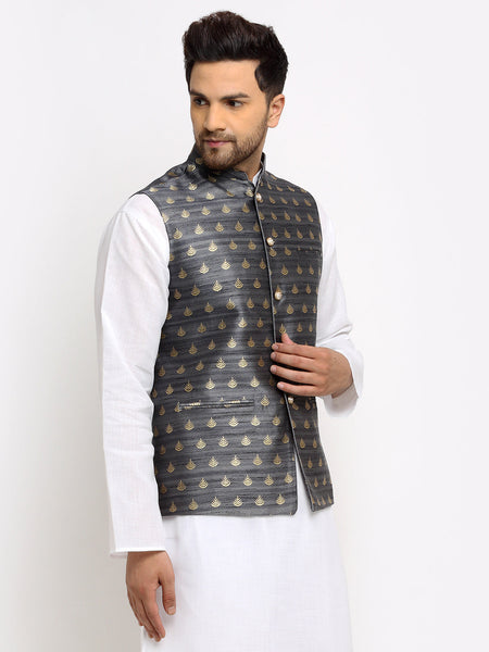 New Designer Men Dark Grey and Golden Brocade Nehru Jacket With Golden Work By Luxury at Less