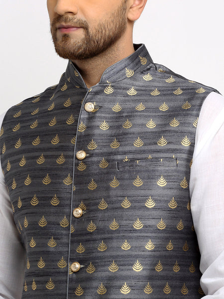 New Designer Men Dark Grey and Golden Brocade Nehru Jacket With Golden Work By Luxury at Less