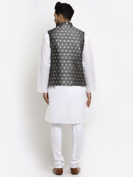 New Designer Men Dark Grey and Golden Brocade Nehru Jacket With Golden Work By Luxury at Less
