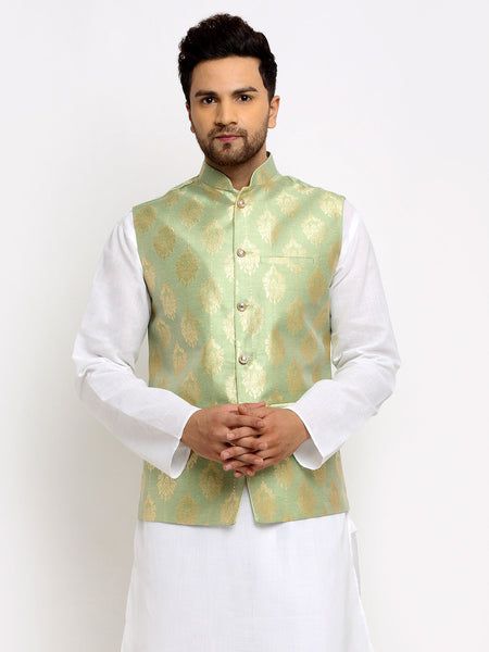 New Designer Men Tea  Green Brocade Nehru Jacket With Golden Work By Luxury at Less