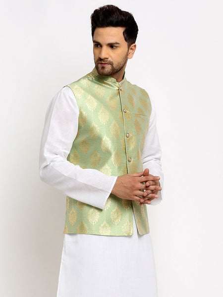 New Designer Men Tea  Green Brocade Nehru Jacket With Golden Work By Luxury at Less