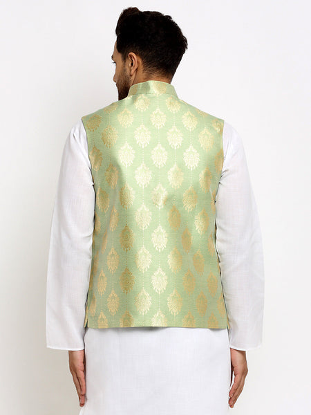 New Designer Men Tea  Green Brocade Nehru Jacket With Golden Work By Luxury at Less