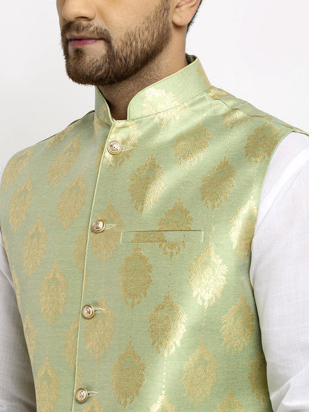 New Designer Men Tea  Green Brocade Nehru Jacket With Golden Work By Luxury at Less