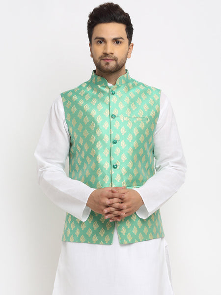 New Designer Men Aqua Green Brocade Nehru Jacket With Golden Work By Luxury at Less