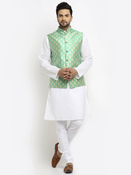 New Designer Men Aqua Green Brocade Nehru Jacket With Golden Work By Luxury at Less
