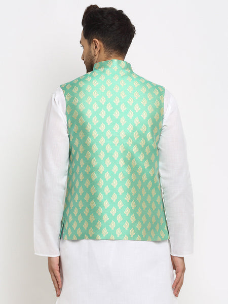 New Designer Men Aqua Green Brocade Nehru Jacket With Golden Work By Luxury at Less