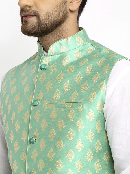 New Designer Men Aqua Green Brocade Nehru Jacket With Golden Work By Luxury at Less