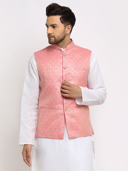 New Designer Men Pink and Golden Brocade Nehru Jacket With Golden Work By Luxury at Less