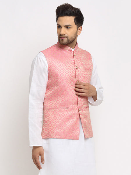 New Designer Men Pink and Golden Brocade Nehru Jacket With Golden Work By Luxury at Less