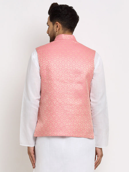 New Designer Men Pink and Golden Brocade Nehru Jacket With Golden Work By Luxury at Less
