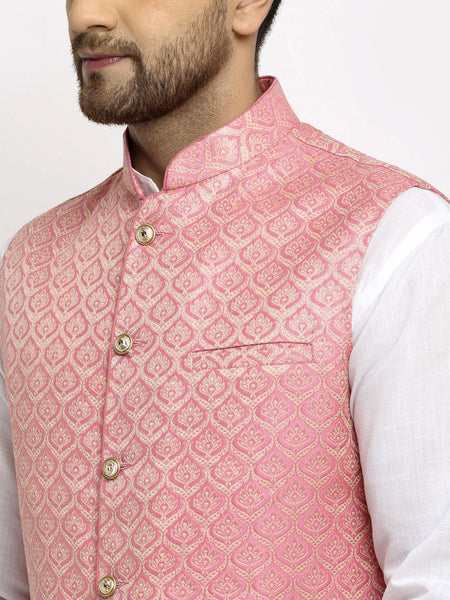 New Designer Men Pink and Golden Brocade Nehru Jacket With Golden Work By Luxury at Less