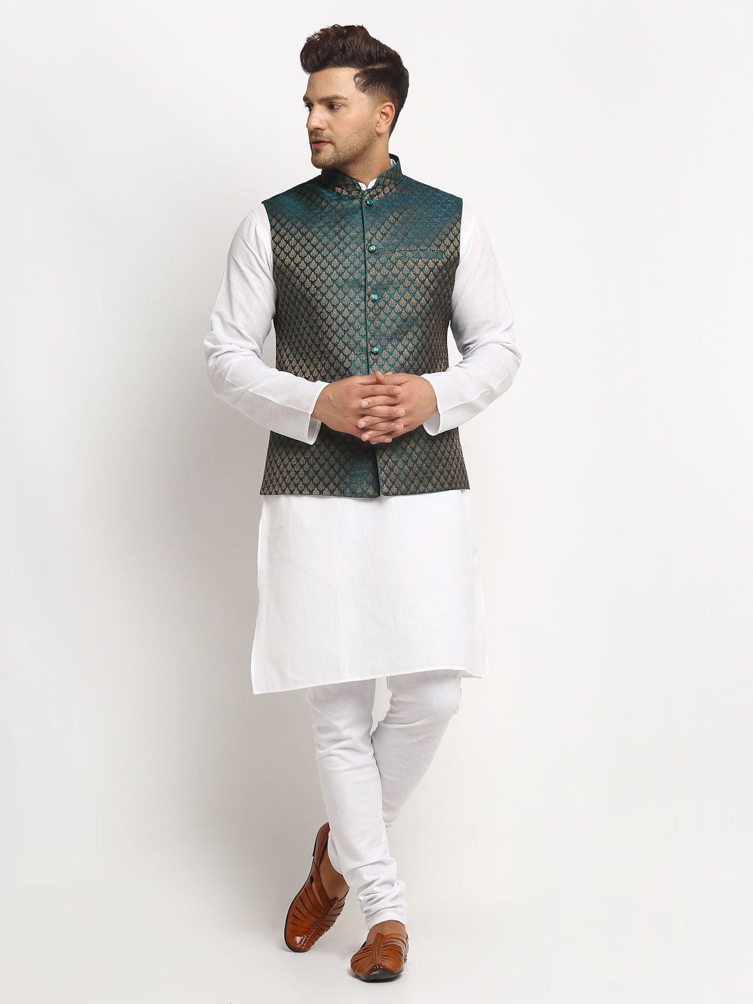 New Designer Men Dark Green Brocade Nehru Jacket With Golden Work By Luxury at Less