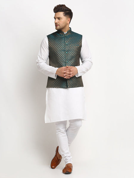 New Designer Men Dark Green Brocade Nehru Jacket With Golden Work By Luxury at Less