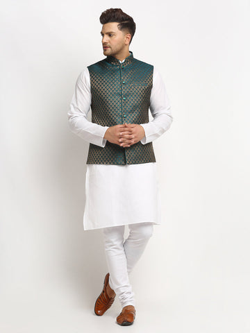 New Designer Men Dark Green Brocade Nehru Jacket With Golden Work By Luxury at Less