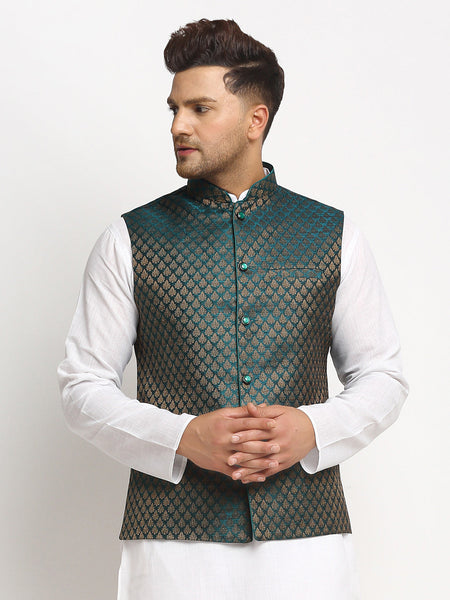 New Designer Men Dark Green Brocade Nehru Jacket With Golden Work By Luxury at Less