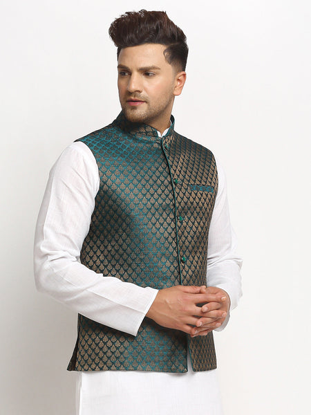 New Designer Men Dark Green Brocade Nehru Jacket With Golden Work By Luxury at Less