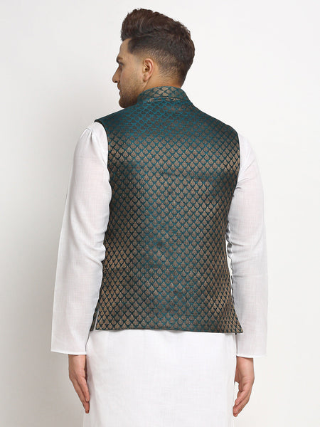 New Designer Men Dark Green Brocade Nehru Jacket With Golden Work By Luxury at Less