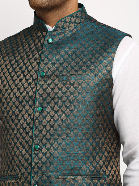 New Designer Men Dark Green Brocade Nehru Jacket With Golden Work By Luxury at Less
