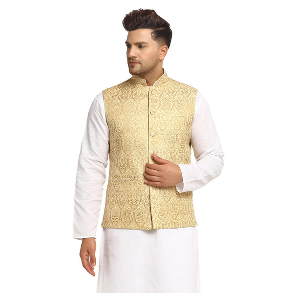 New Designer Men Light Golden Brocade Nehru Jacket With Golden Work By Luxury at Less