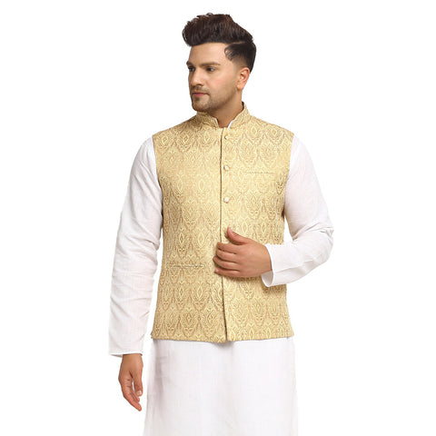 New Designer Men Light Golden Brocade Nehru Jacket With Golden Work By Luxury at Less
