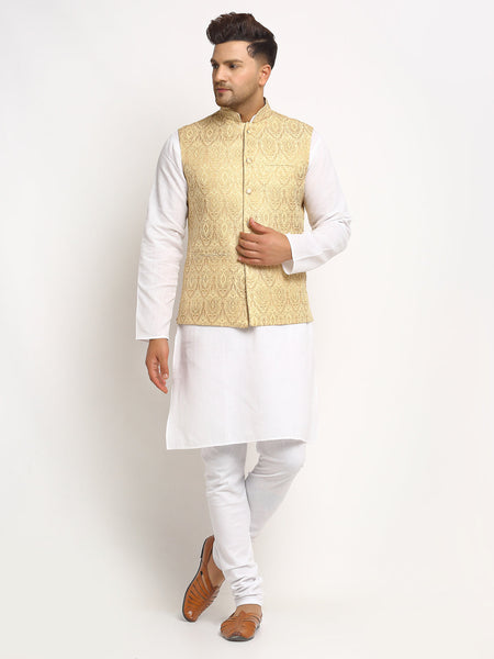 New Designer Men Light Golden Brocade Nehru Jacket With Golden Work By Luxury at Less