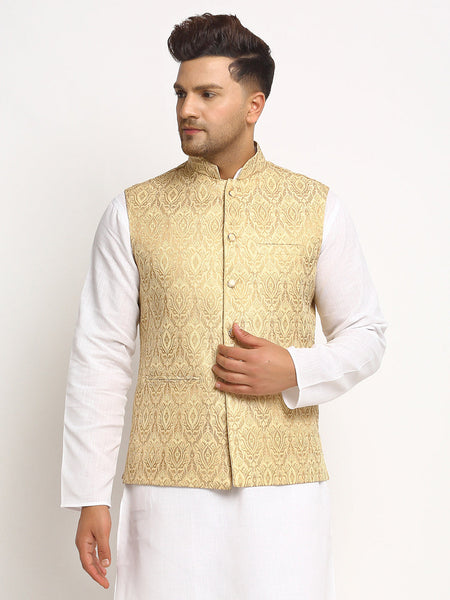 New Designer Men Light Golden Brocade Nehru Jacket With Golden Work By Luxury at Less