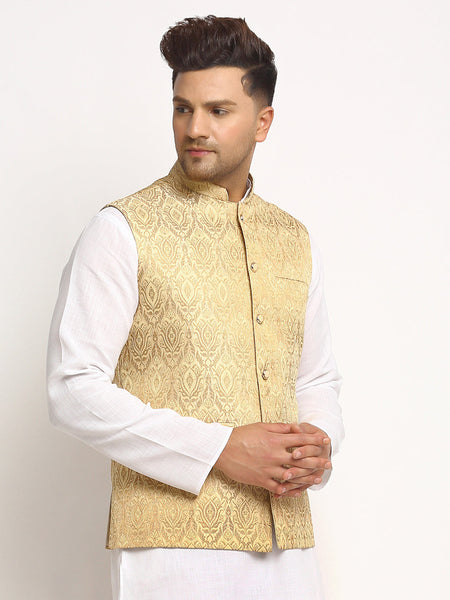 New Designer Men Light Golden Brocade Nehru Jacket With Golden Work By Luxury at Less