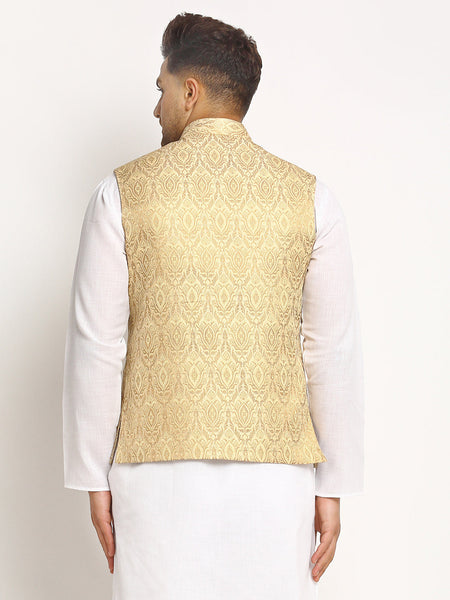 New Designer Men Light Golden Brocade Nehru Jacket With Golden Work By Luxury at Less