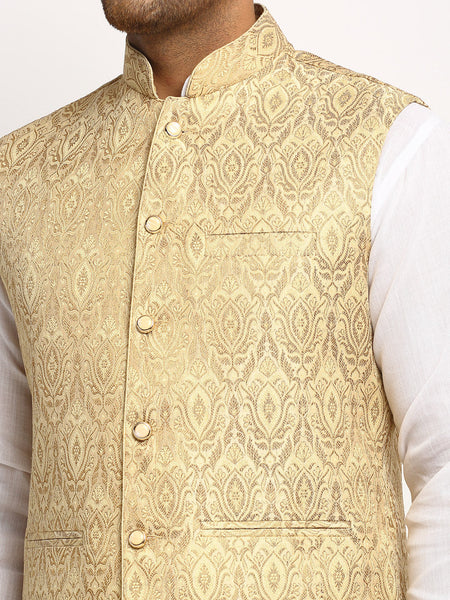 New Designer Men Light Golden Brocade Nehru Jacket With Golden Work By Luxury at Less
