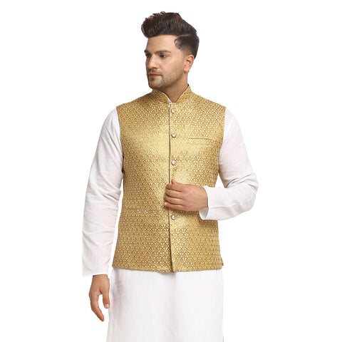 New Designer Men Dark Golden Brocade Nehru Jacket With Golden Work By Luxury at Less