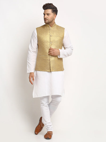 New Designer Men Dark Golden Brocade Nehru Jacket With Golden Work By Luxury at Less