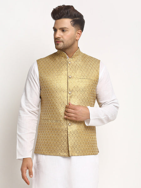 New Designer Men Dark Golden Brocade Nehru Jacket With Golden Work By Luxury at Less