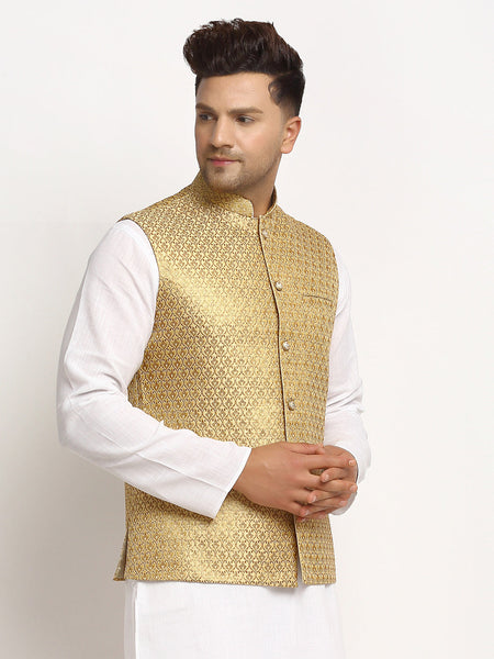 New Designer Men Dark Golden Brocade Nehru Jacket With Golden Work By Luxury at Less