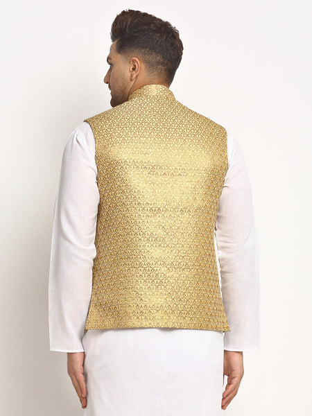 New Designer Men Dark Golden Brocade Nehru Jacket With Golden Work By Luxury at Less