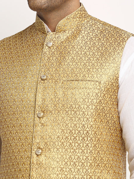 New Designer Men Dark Golden Brocade Nehru Jacket With Golden Work By Luxury at Less