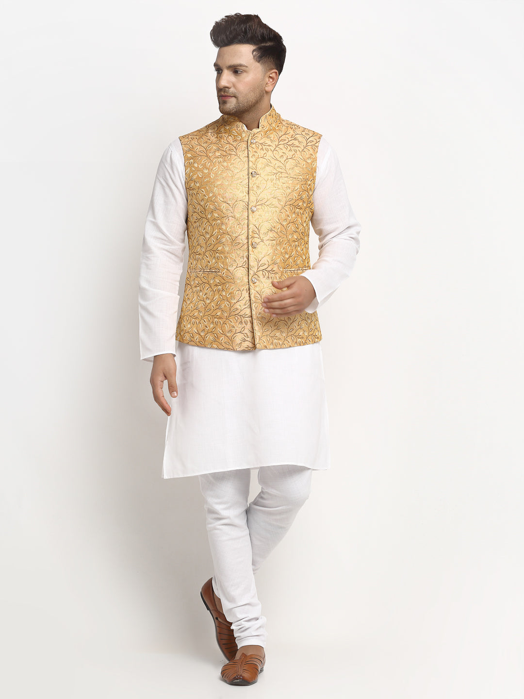 New Designer Men Rose Gold Brocade Nehru Jacket With Golden Work By Luxury at Less